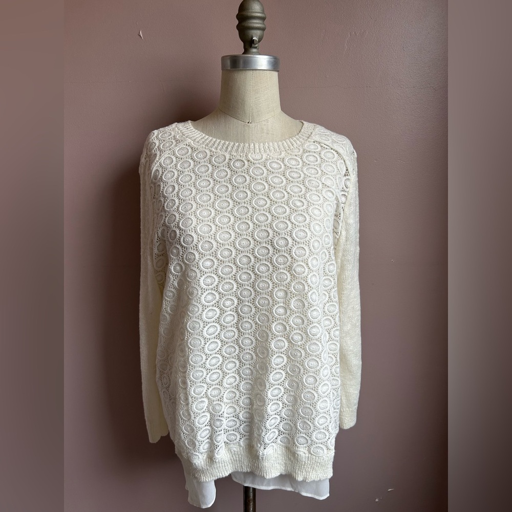 Lucky Brand ivory layered chiffon split-back knit sweater